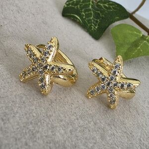 Gold Huggie Hoop Earrings CZ Pave Starfish